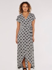 Apricot Grey & Black V-Neck Short Sleeve Wrap Dress - Image 1 of 4