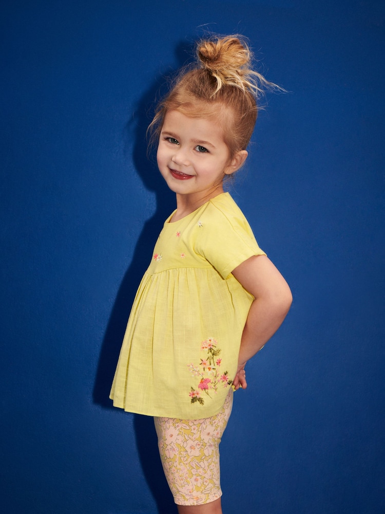 Lime Green Short Sleeve Embroidered Blouse and Cycle Shorts Set (3mths-7yrs) - Image 1 of 1 Lime Green Short Sleeve Embroidered Blouse and Cycle Shorts Set (3mths-7yrs) - Image 1 of 1