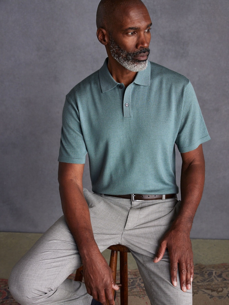 Sage Green Knitted Signature Merino Wool Regular Fit Polo Shirt - Image 1 of 5