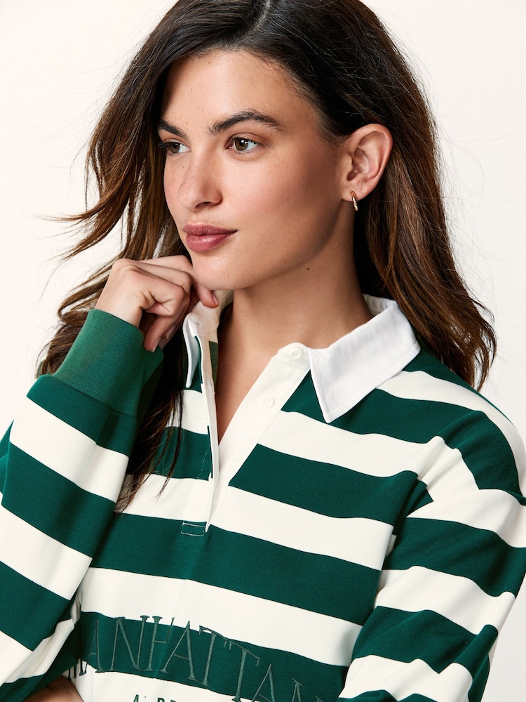 Buy Green/Ecru White Long Sleeve Stripe Graphic Button Down Rugby