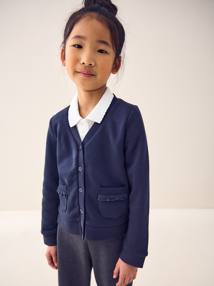 Navy Blue Cotton Rich Frill Pocket Jersey School Cardigan (3-16yrs) - Image 1 of 5
