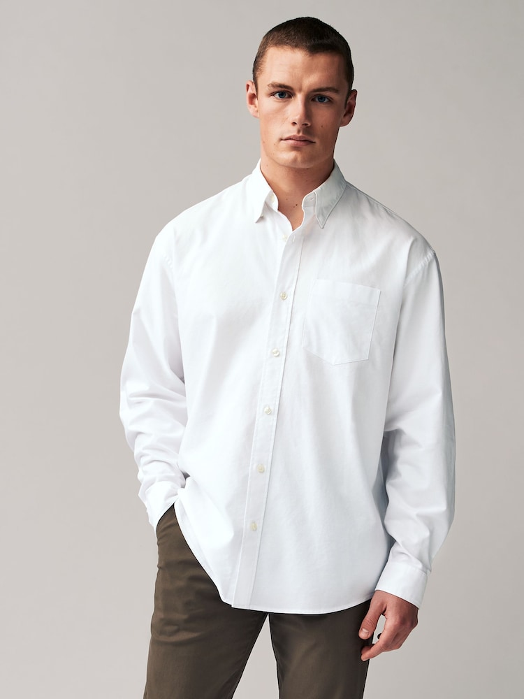 White Relaxed Fit Long Sleeve 100% Cotton Oxford Shirt - Image 1 of 7