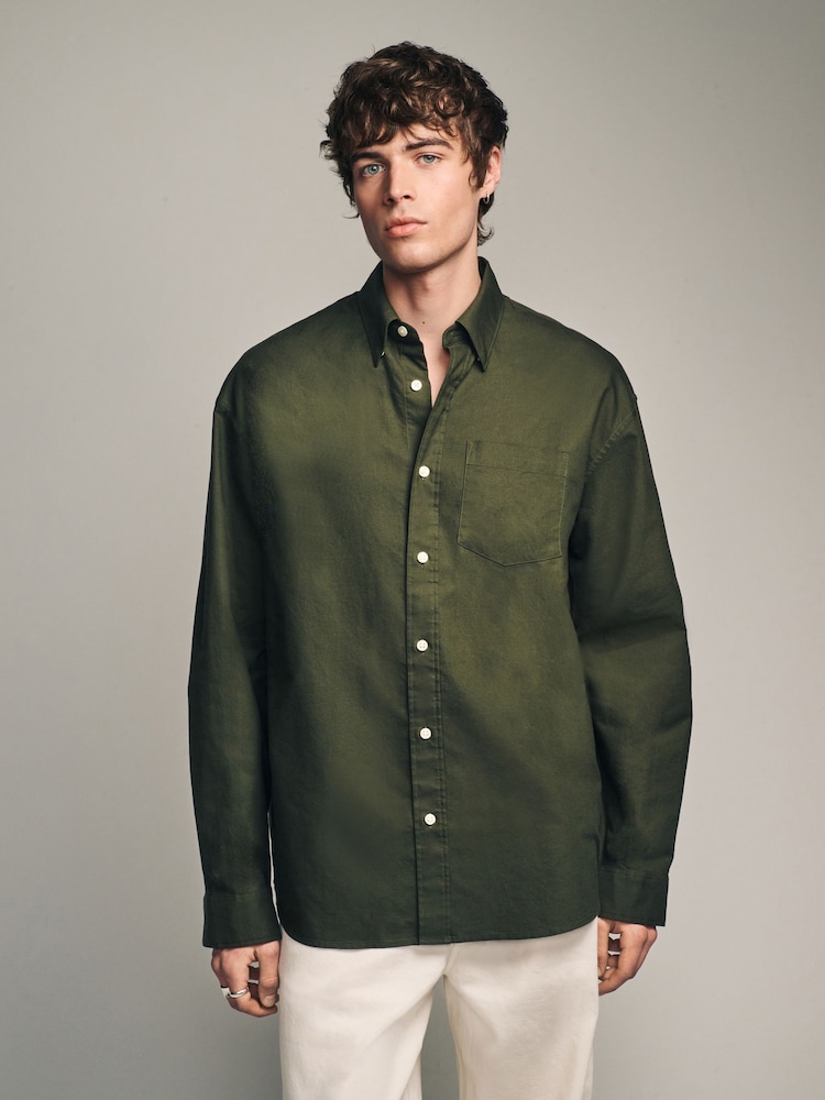 Dark Green Relaxed Fit Long Sleeve 100% Cotton Oxford Shirt - Image 1 of 1