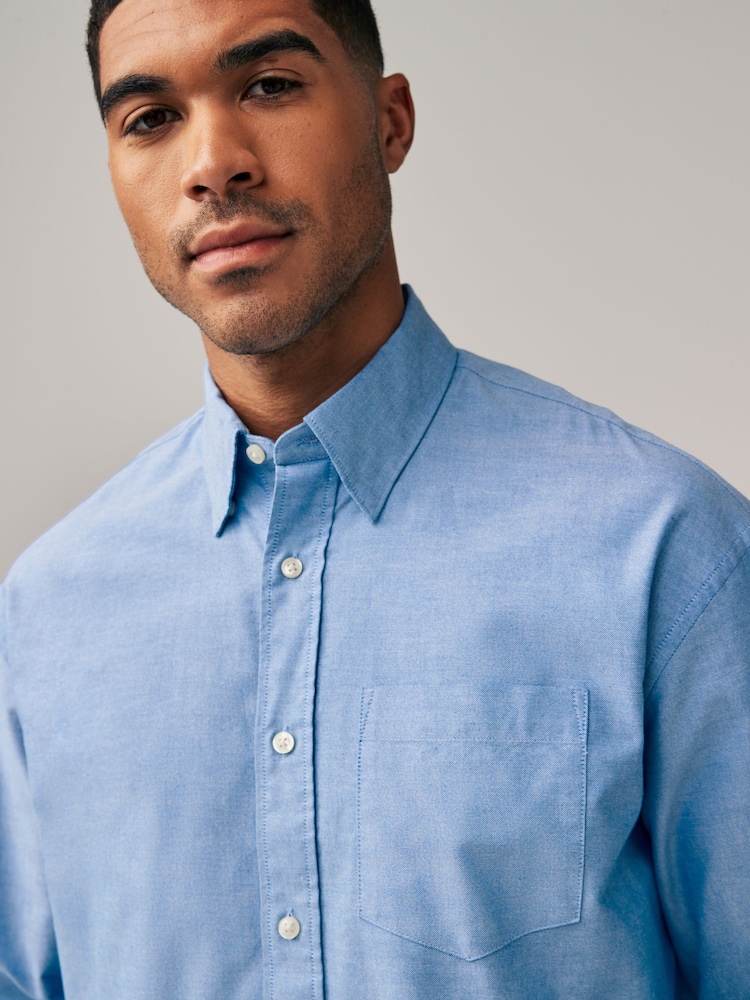 Light Blue Relaxed Fit Long Sleeve Oxford 100% Cotton Shirt - Image 1 of 8 Light Blue Relaxed Fit Long Sleeve Oxford 100% Cotton Shirt - Image 1 of 8