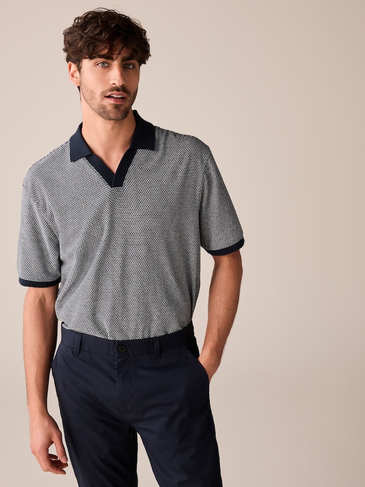 Navy Cuban Collar Textured Short Sleeve Polo Shirt - Image 1 of 7