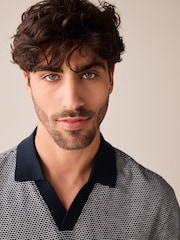 Navy Cuban Collar Textured Short Sleeve Polo Shirt - Image 4 of 7