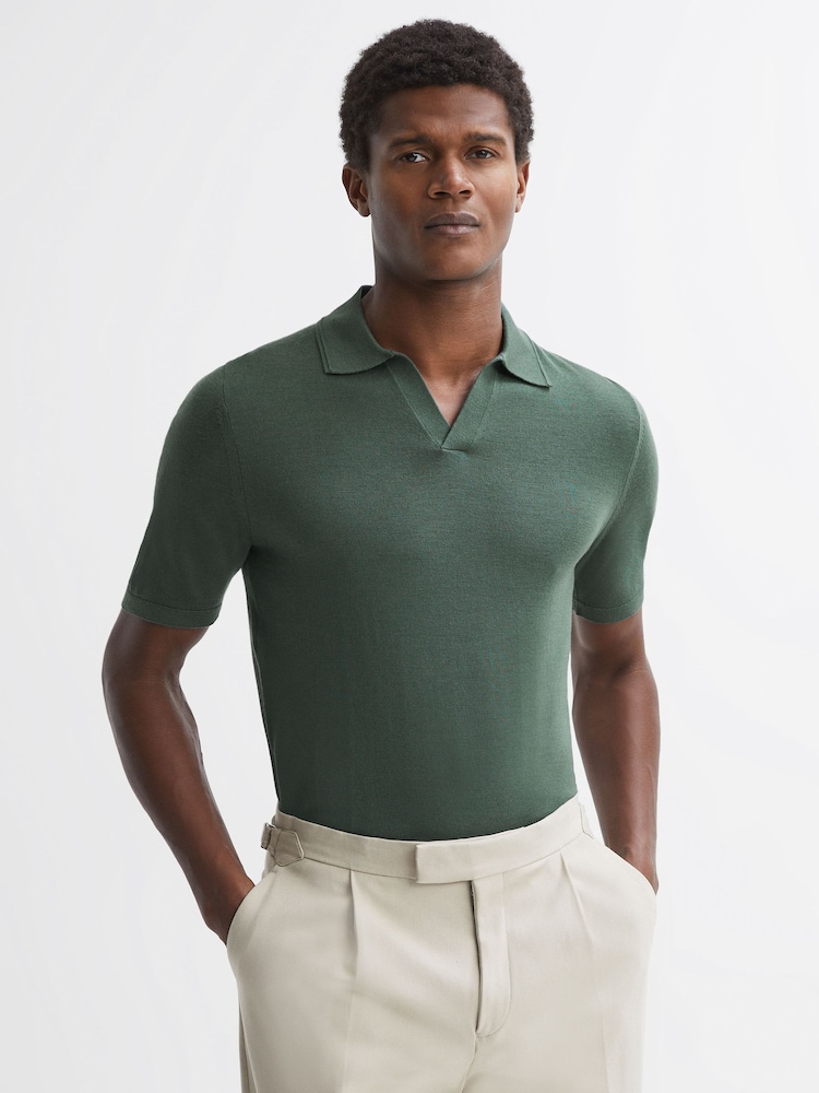 Reiss Ivy Green Duchie Merino Wool Open Collar Polo Shirt - Image 1 of 5