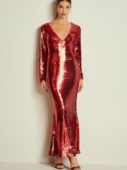 Red Long Sleeve Plunge Neck Sequin Maxi Dress - Image 1 of 4