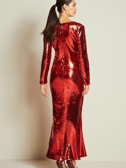 Red Long Sleeve Plunge Neck Sequin Maxi Dress - Image 3 of 4