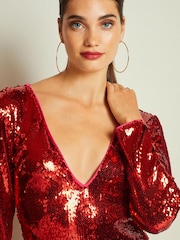 Red Long Sleeve Plunge Neck Sequin Maxi Dress - Image 4 of 4