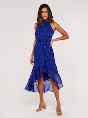 Apricot Blue Airy Folded Neck Ruffle Midi Dress - Image 1 of 4