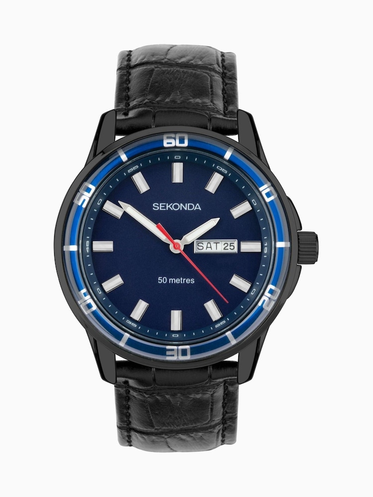 Sekonda Mens Midnight 44mm Analogue Black Watch With Case And Leather Upper Strap With Dark Blue Dial - Image 2 of 6