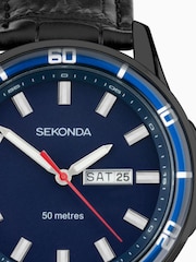 Sekonda Mens Midnight 44mm Analogue Black Watch With Case And Leather Upper Strap With Dark Blue Dial - Image 3 of 6