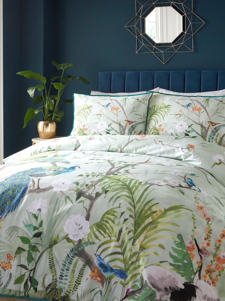 Soiree Green Peacock Jungle 100% Cotton Duvet Cover Set - Image 1 of 4
