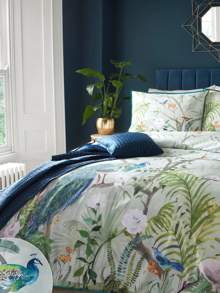 Soiree Green Peacock Jungle 100% Cotton Duvet Cover Set - Image 2 of 4