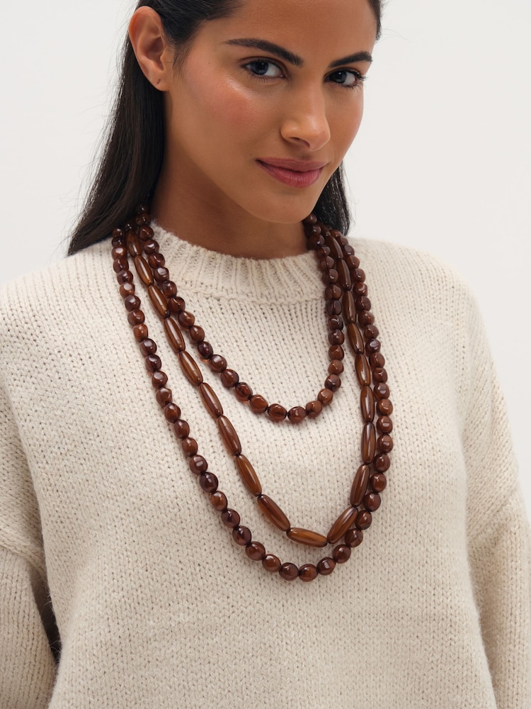 Mood Brown Silver Tone Beaded Multirow Necklace - Image 2 of 3