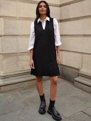 Threadbare Black V-Neck Pleated Hem Ponte Pinafore Dress - Image 1 of 4