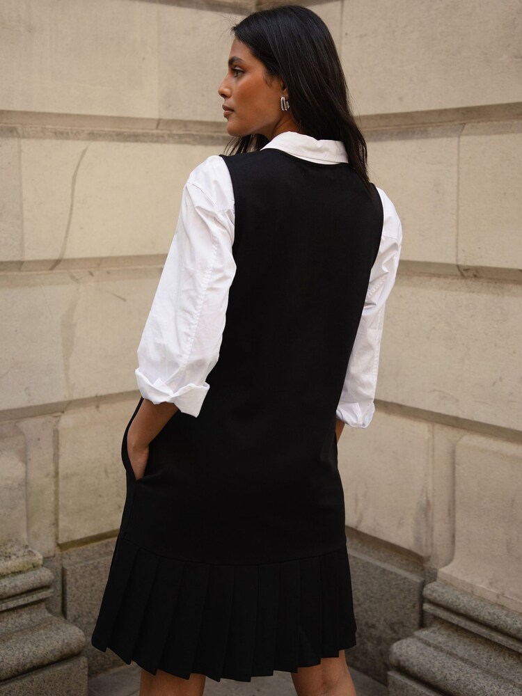 Threadbare Black V-Neck Pleated Hem Ponte Pinafore Dress - Image 2 of 4