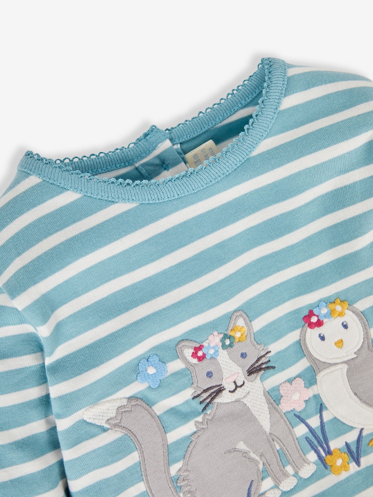 JoJo Maman Bébé Duck Egg Girls' Owl & Cat Appliqué Top - Image 2 of 3