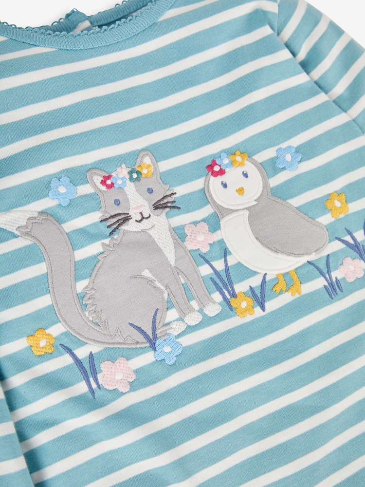 JoJo Maman Bébé Duck Egg Girls' Owl & Cat Appliqué Top - Image 3 of 3