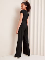 Lipsy Black Crinkle Texture Jersey Trim Crew Neck Jumpsuit (5-16yrs) - Image 3 of 4
