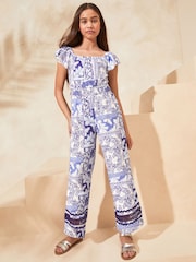 Lipsy Blue Print Square Neck Crinkle Jersey Jumpsuit (5-16yrs) - Image 1 of 4