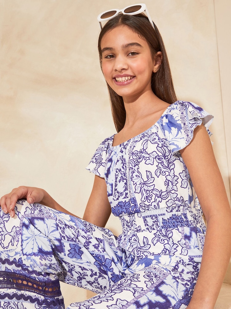 Lipsy Blue Print Square Neck Crinkle Jersey Jumpsuit (5-16yrs) - Image 4 of 4 Lipsy Blue Print Square Neck Crinkle Jersey Jumpsuit (5-16yrs) - Image 4 of 4