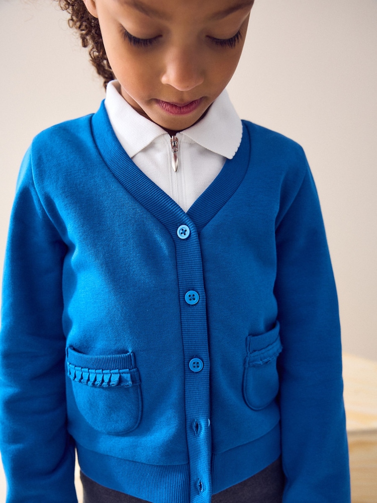 Blue Cotton Rich Frill Pocket Jersey School Cardigan (3-16yrs) - Image 4 of 7