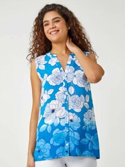 Roman Blue Sleeveless Floral Print Blouse - Image 1 of 5