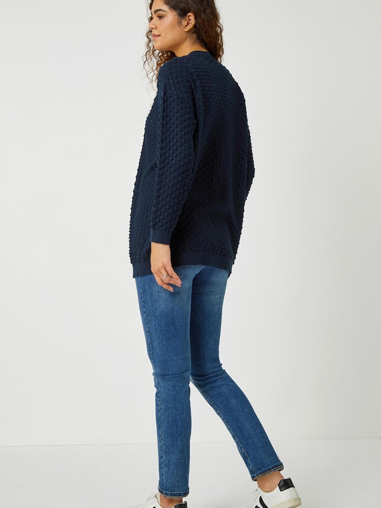 Cardigan de malha Waffle com mistura de algodão Roman - Imagem 2 de 5