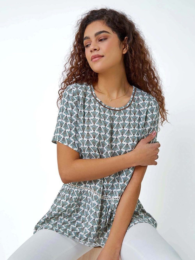 Roman Green Abstract Print Sequin Peplum Dress Set - Image 1 of 5
