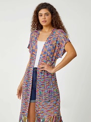 Roman Purple Longline Fringe Detail Mixed Yarn Cardigan - Image 1 of 5