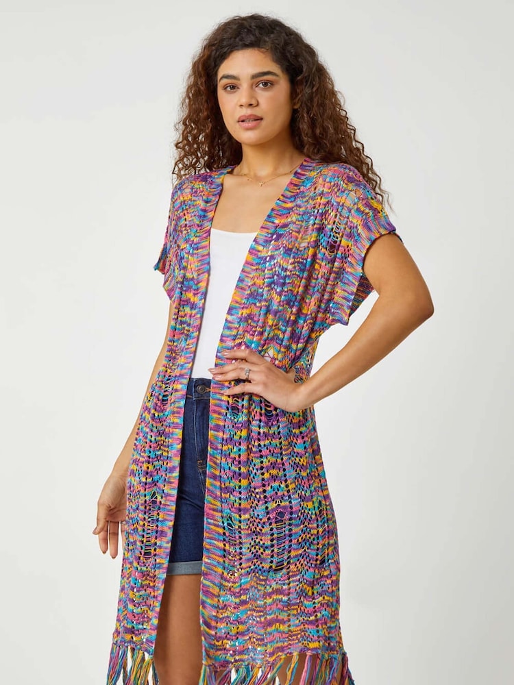 Roman Purple Longline Fringe Detail Mixed Yarn Cardigan - Image 1 of 5