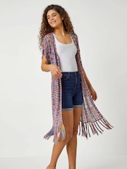 Roman Purple Longline Fringe Detail Mixed Yarn Cardigan - Image 3 of 5