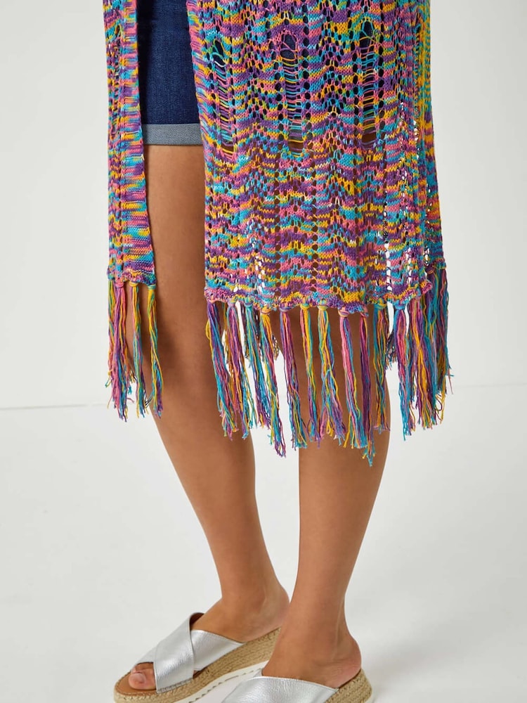 Roman Purple Longline Fringe Detail Mixed Yarn Cardigan - Image 5 of 5