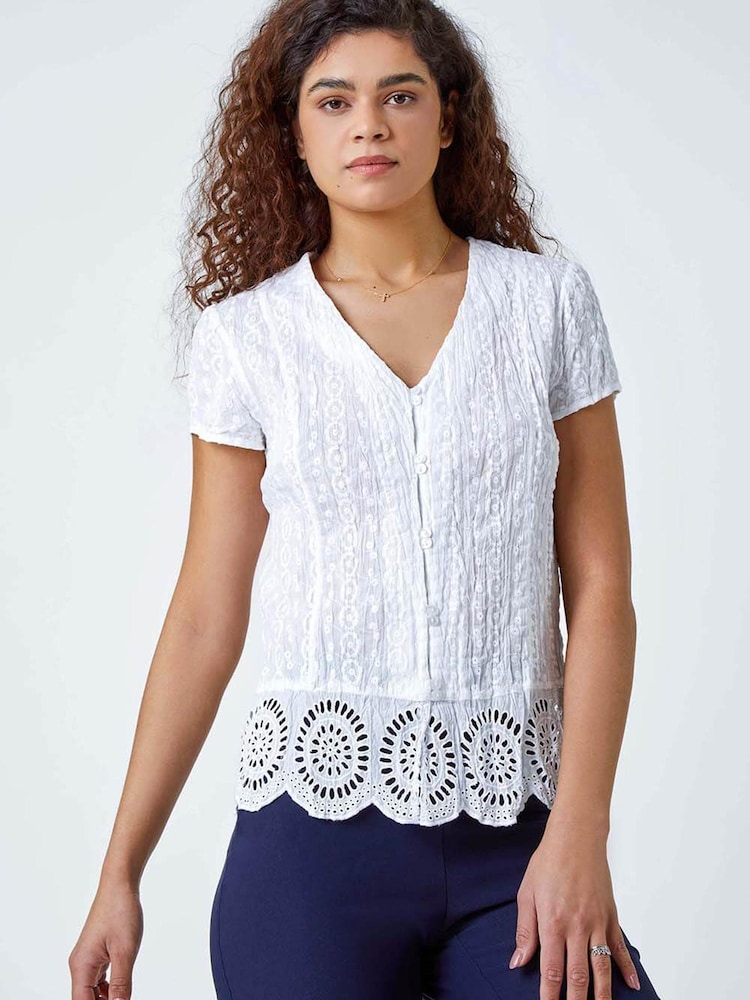 Roman White Embroidered Crinkle 100% Cotton Blouse - Image 1 of 5