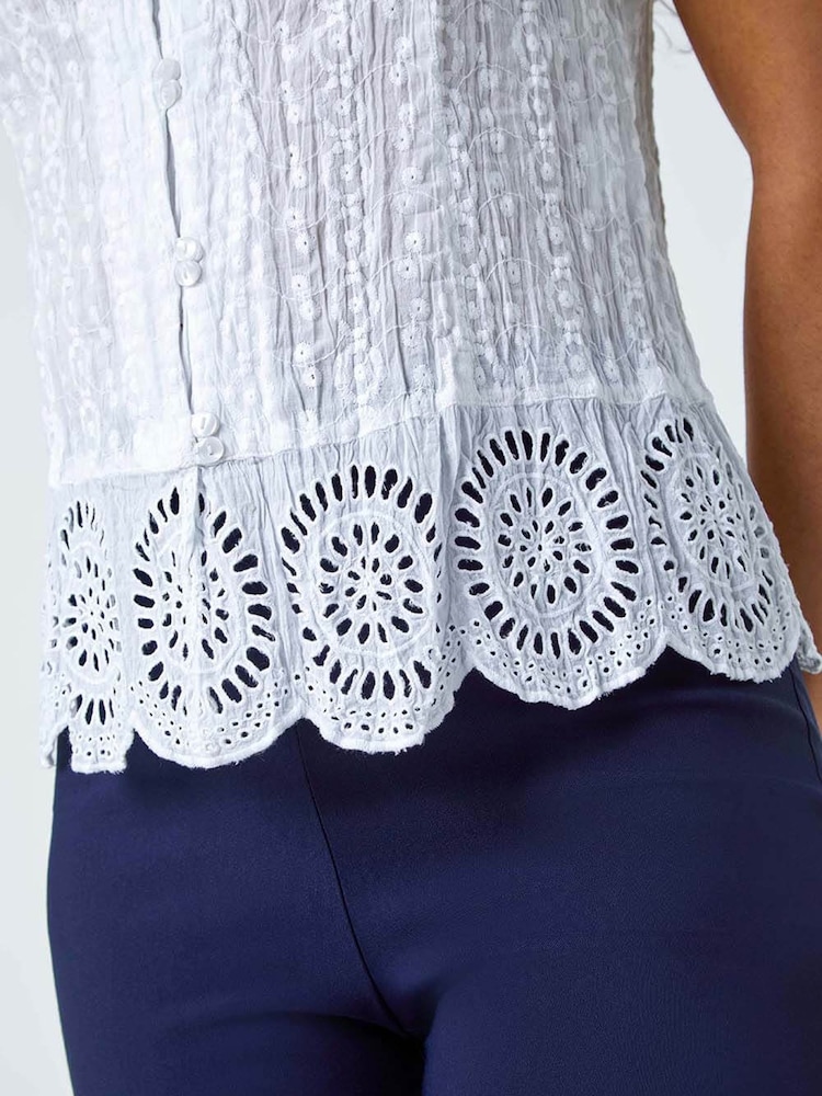 Roman White Embroidered Crinkle 100% Cotton Blouse - Image 5 of 5