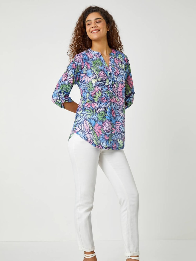 Roman Pink Textured Floral Print Stretch Blouses - Image 2 of 5 Roman Pink Textured Floral Print Stretch Blouses - Image 2 of 5