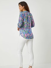 Roman Pink Textured Floral Print Stretch Blouses - Image 3 of 5