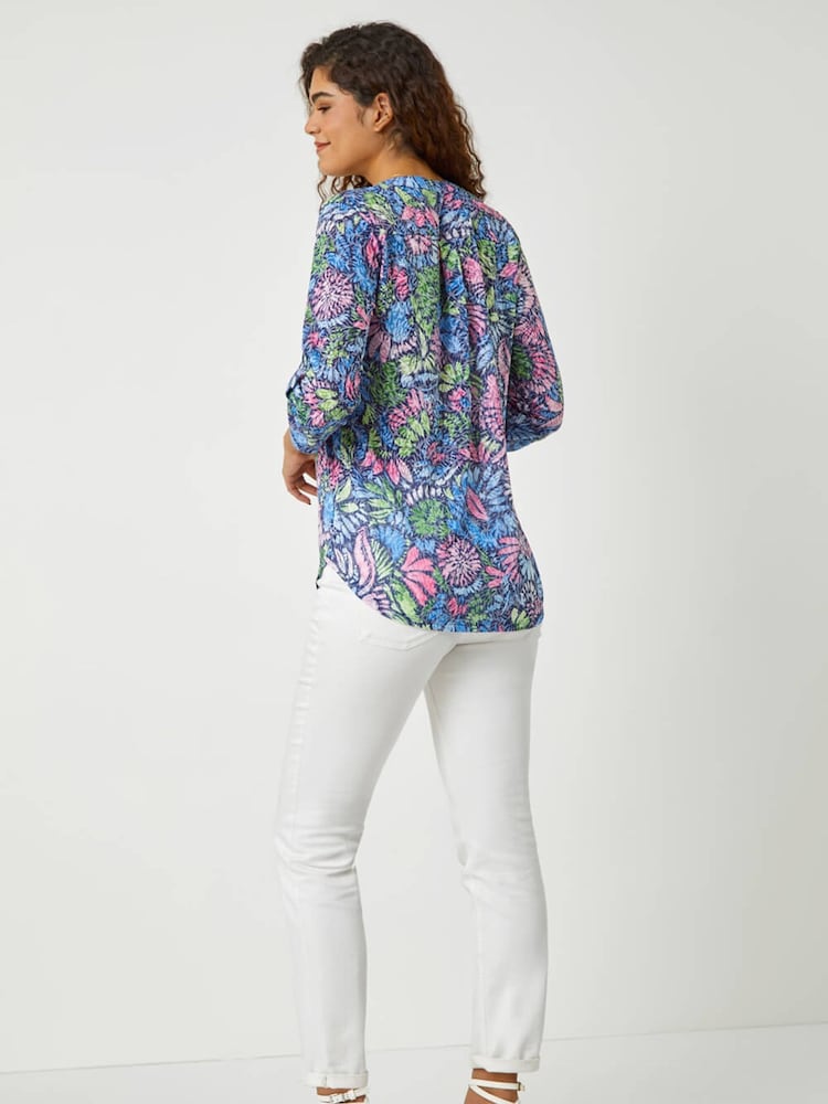 Roman Pink Textured Floral Print Stretch Blouses - Image 3 of 5