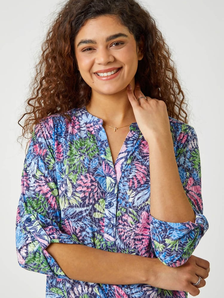 Roman Pink Textured Floral Print Stretch Blouses - Image 4 of 5