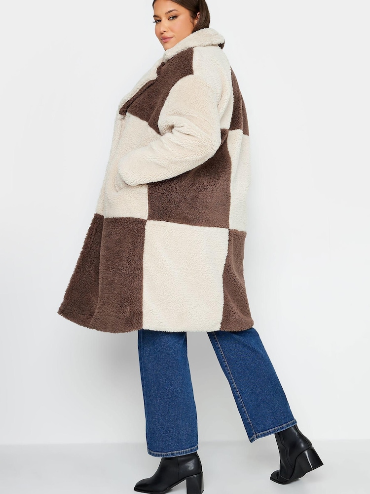 Yours Curve Brown Checkerboard Midi Borg Coat - Image 2 of 4