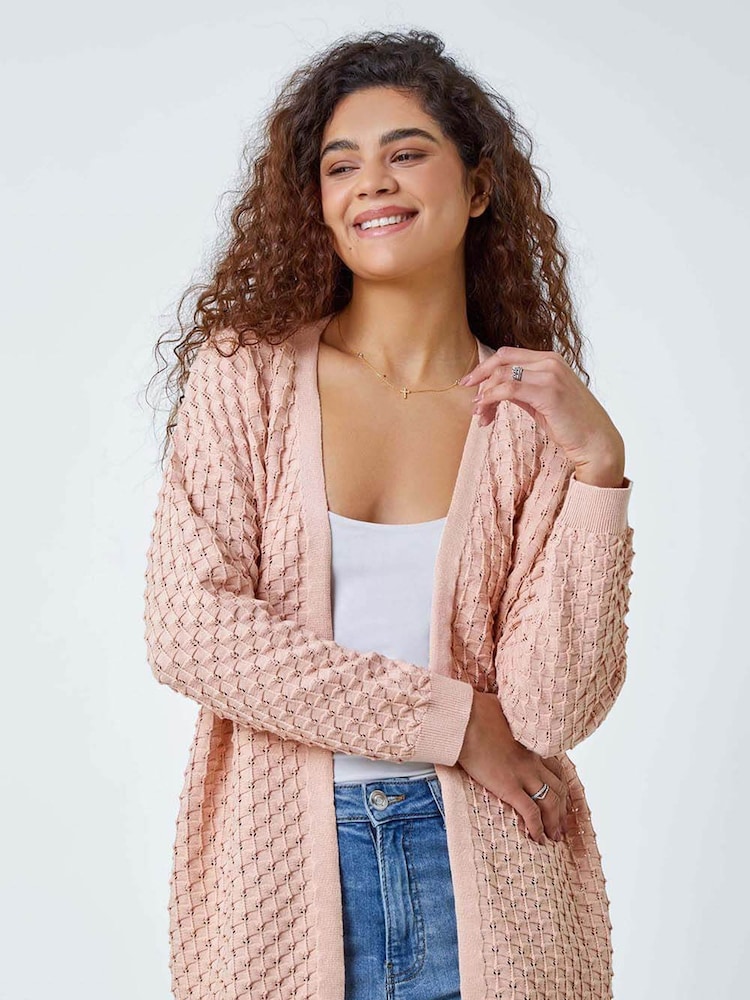 Roman Pink Cotton Blend Waffle Knit Cardigan - Image 1 of 5 Roman Pink Cotton Blend Waffle Knit Cardigan - Image 1 of 5