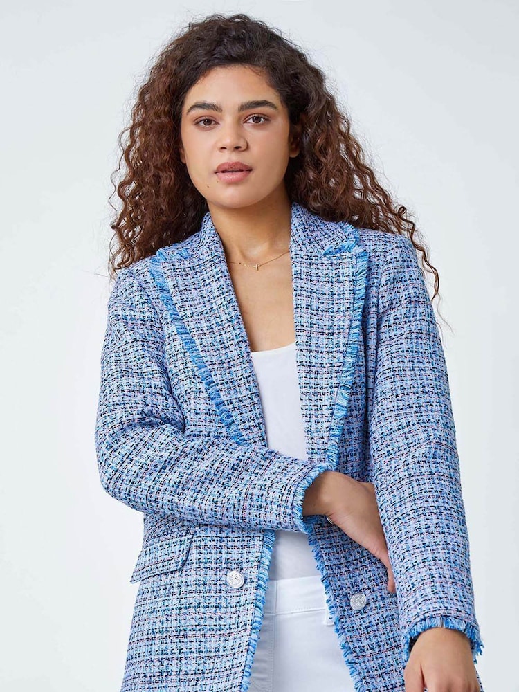 Roman Blue Frayed Edge Boucle Check Jacket - Image 1 of 5