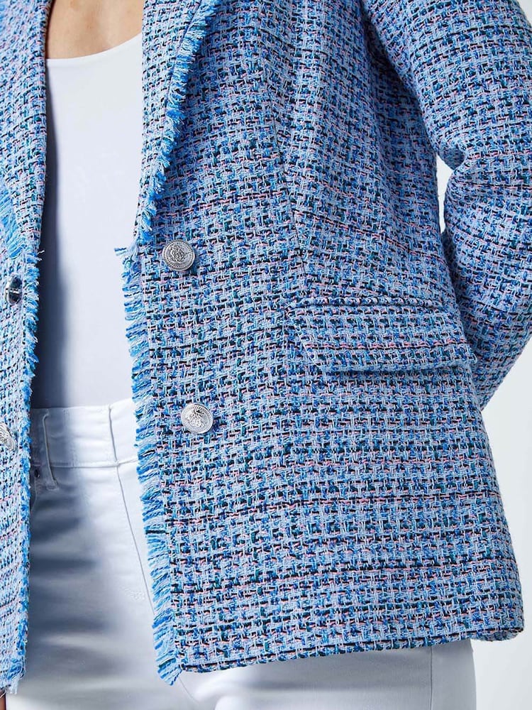 Roman Blue Frayed Edge Boucle Check Jacket - Image 5 of 5