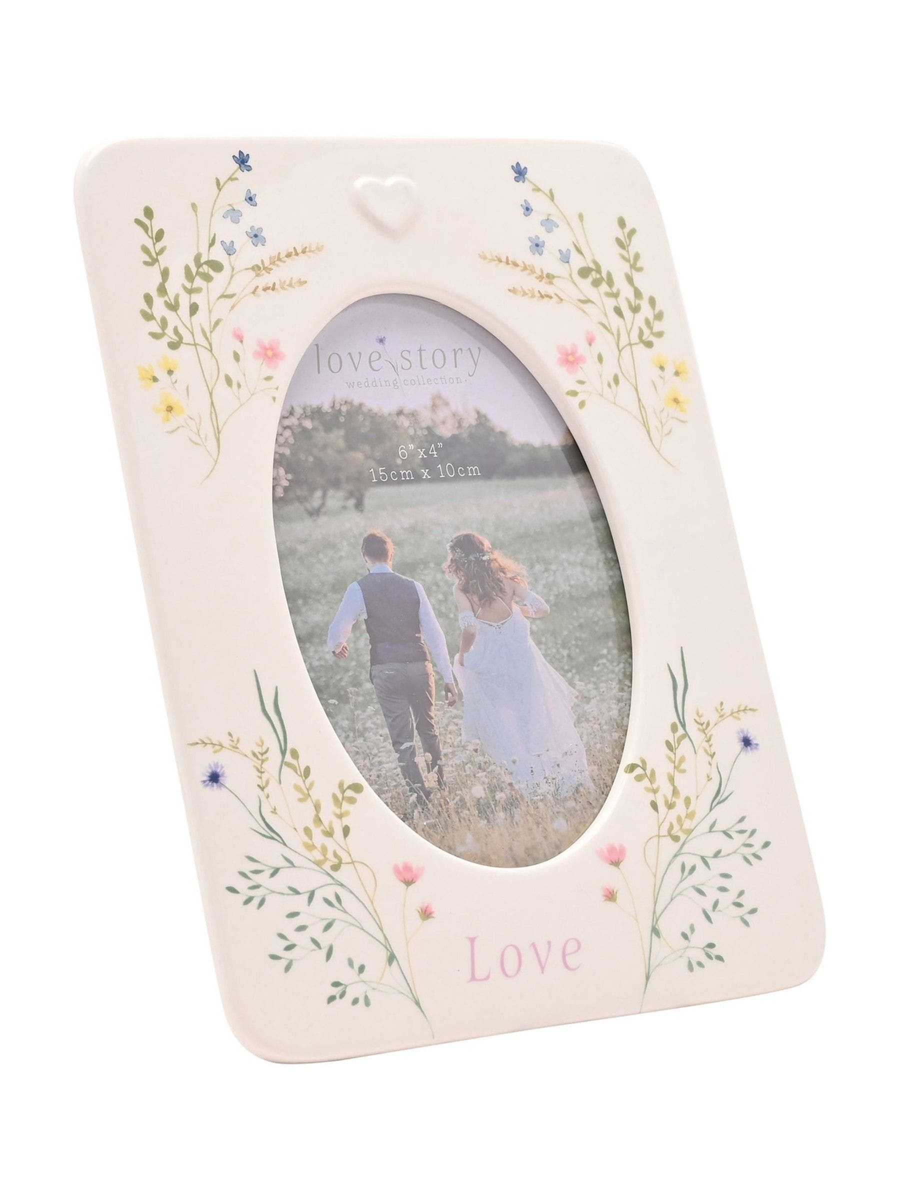 Love Story Ceramic Photo Frame – 4x4 Oval-Shaped Wedding Picture Frame | Floral Design Keepsake Gift for Couples, Engagements & Anniversaries | Romantic Home Decor - Image 4