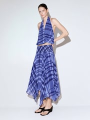 Mango Blue Check Asymetric Hem Midi Skirt - Image 1 of 2