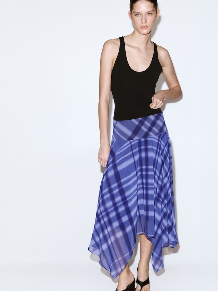Mango Blue Check Asymetric Hem Midi Skirt - Image 2 of 2