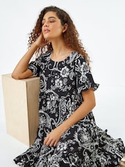 Roman Black Paisley Floral Tiered Smock Dress - Image 1 of 5