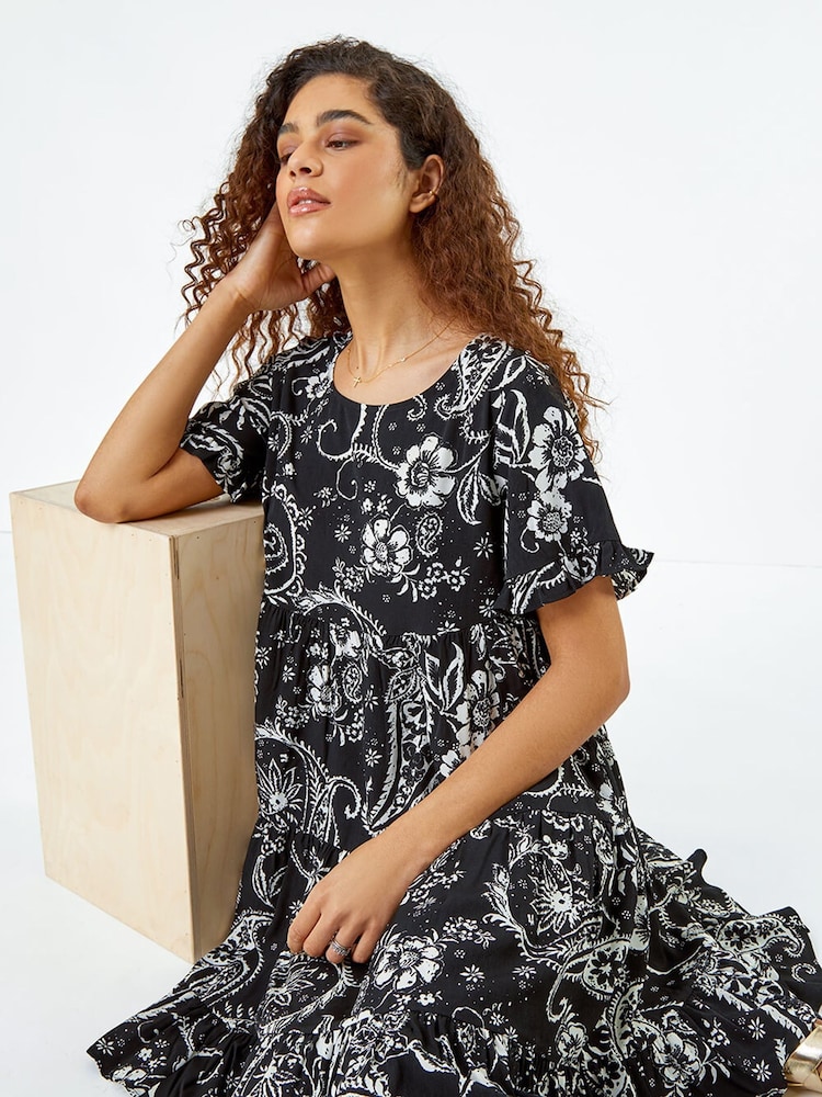 Roman Black Paisley Floral Tiered Smock Dress - Image 1 of 5